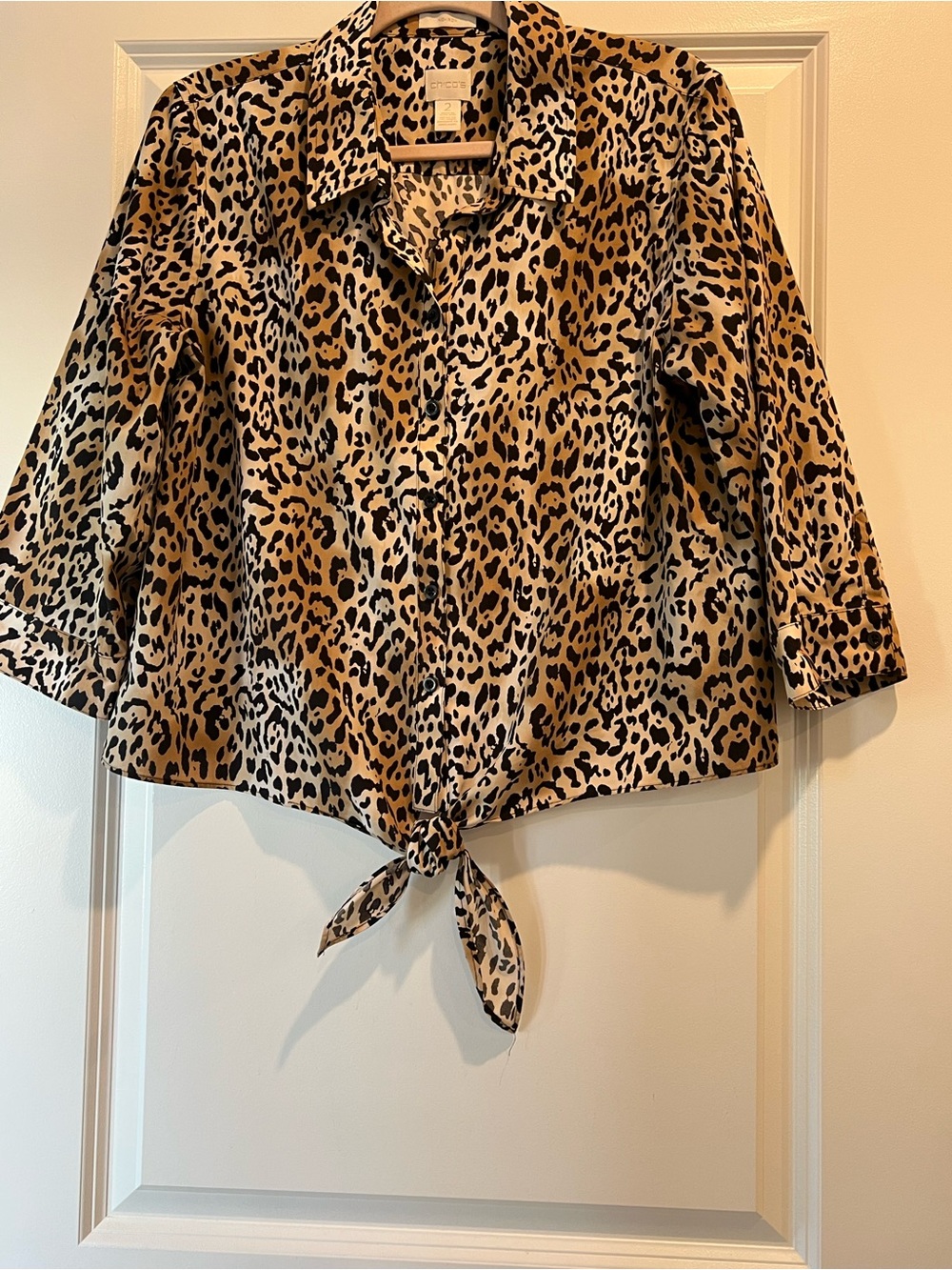Chico’s No Iron Leopard Print Tie-Front Shirt